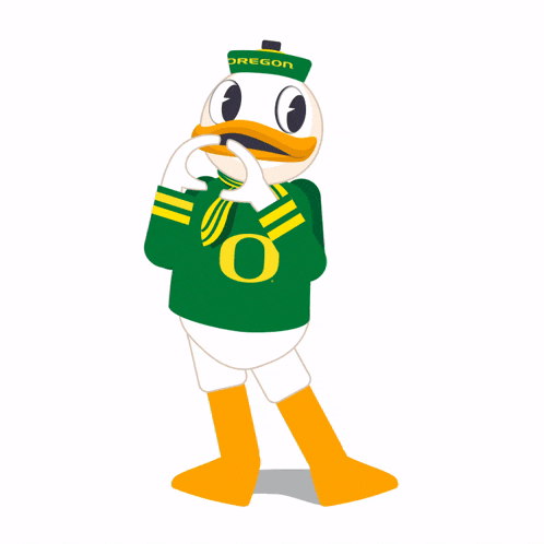 a cartoon of a duck wearing a green oregon shirt