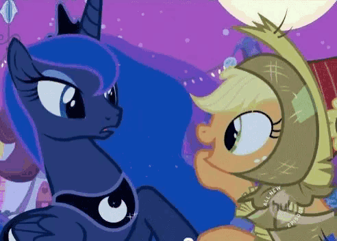 a cartoon of a pony named applejack talking to a pony named luna