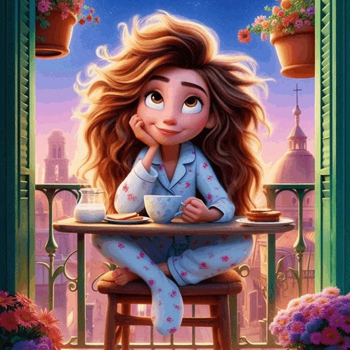 a girl in pajamas sits at a table with a cup of tea