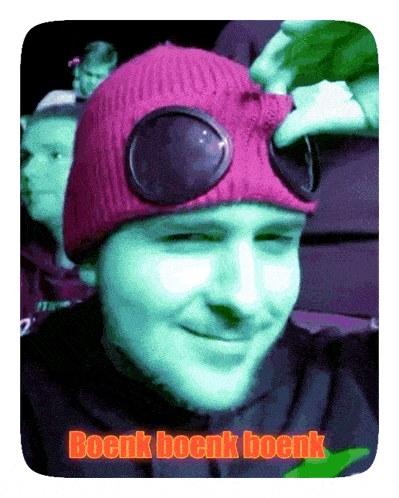 a man wearing a purple beanie and goggles with the words boenk boenk boenk