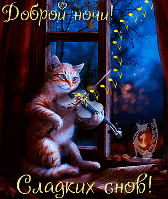 a cat is playing a violin in front of a window with a russian greeting