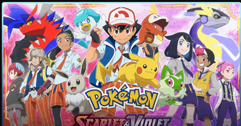 a poster for pokemon scarlet and violet shows a group of people and pokemon