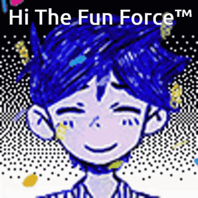 a cartoon of a boy with blue hair and the words `` hi the fun force tm '' on the bottom .