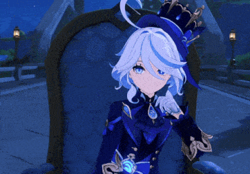 a girl with white hair and a blue hat is sitting on a chair