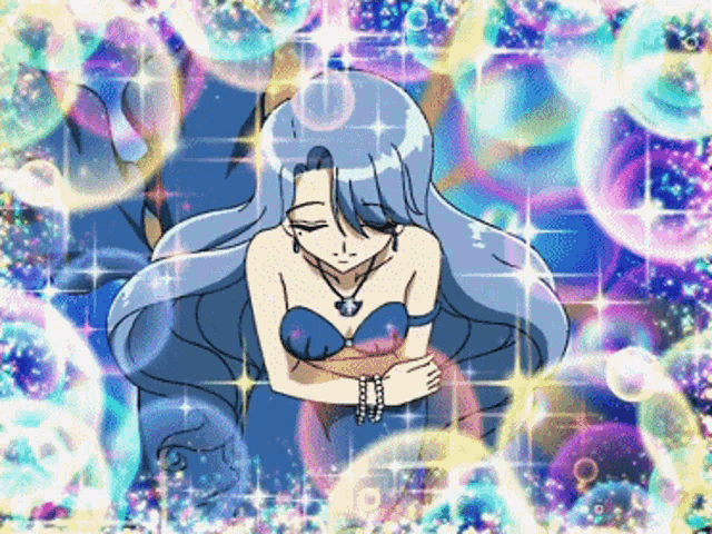 a girl with blue hair is surrounded by bubbles