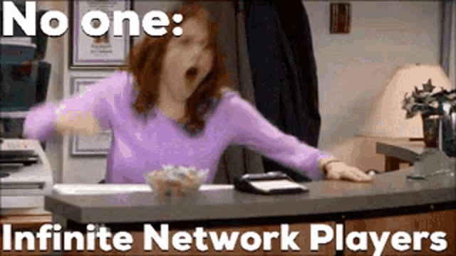 a woman in a purple shirt is yawning at a desk with the words " no one infinite network players "