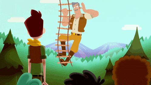 a cartoon of a man climbing up a ladder