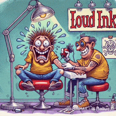 a cartoon of a man getting a tattoo at the loud ink shop