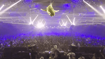 a shark is flying through the air while a dj plays music