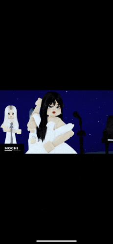 a girl in a white dress stands in front of a piano and a microphone
