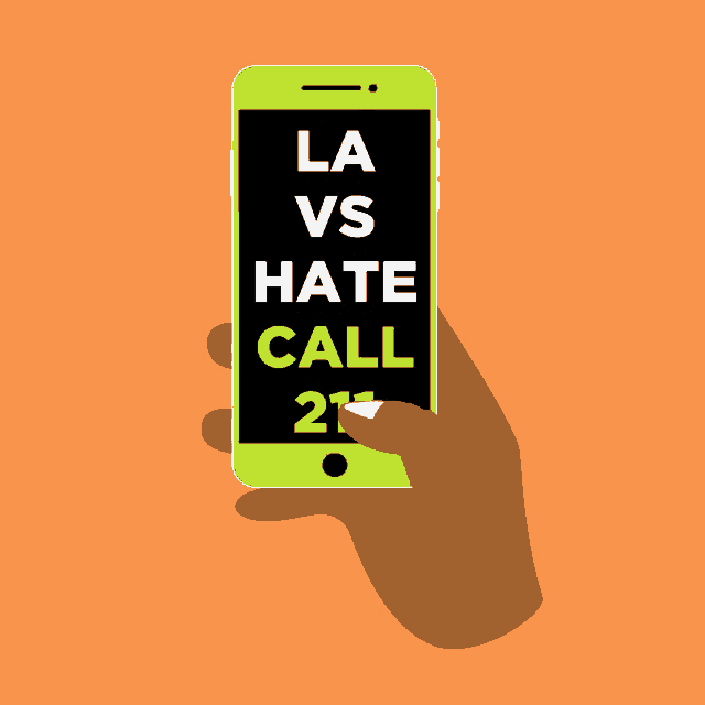 a hand is holding a cell phone with the words " vs hate call 211 la " on the screen