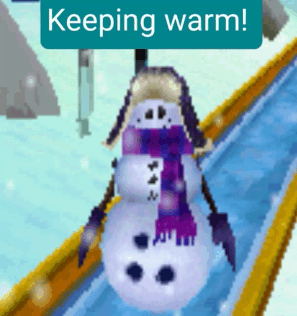 a snowman wearing a scarf and hat is on a slide with a sign that says " keeping warm "
