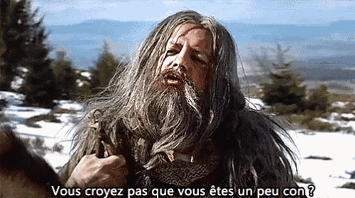 a man with long hair and a beard says vous croyez pas que vous êtes un peu con ?