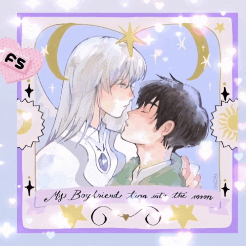 a drawing of a man kissing a woman with the words " my boyfriend turn into the moon " below them