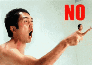 a shirtless man is pointing at another shirtless man with the word no written on the wall behind him