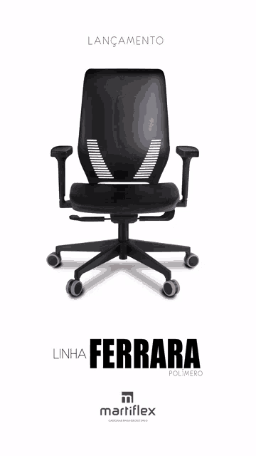 a black office chair with the word ferrara on the bottom