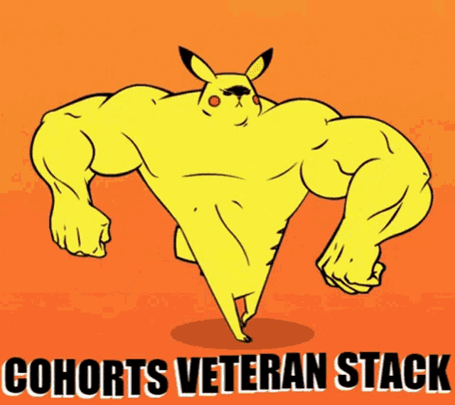 a cartoon of a pikachu with big muscles and the words cohorts veteran stack