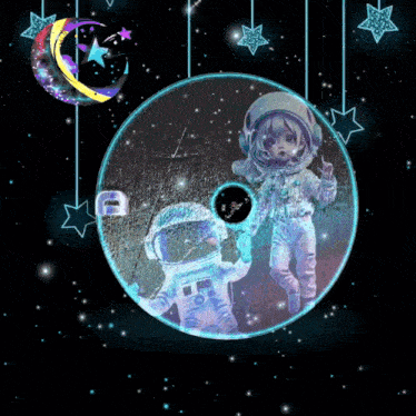 a painting of two astronauts in a circle with a black hole in the background