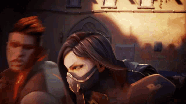 a man and a woman are standing next to each other and the woman is wearing a mask