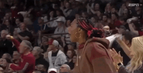 a crowd of people are watching a basketball game and a woman is standing in the stands .