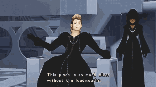 a video game scene with a character saying this place is so much nicer without the loudmouths
