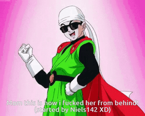 a cartoon character with sunglasses and a red cape says " mom this is how i fucked her from behind ! "