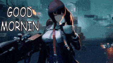 a girl holding a gun with the words good mornin written on it