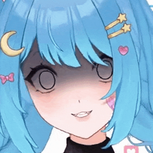 a blue haired anime girl with a crescent moon and stars in her hair .