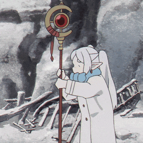 a cartoon character is holding a cane with a red circle on it