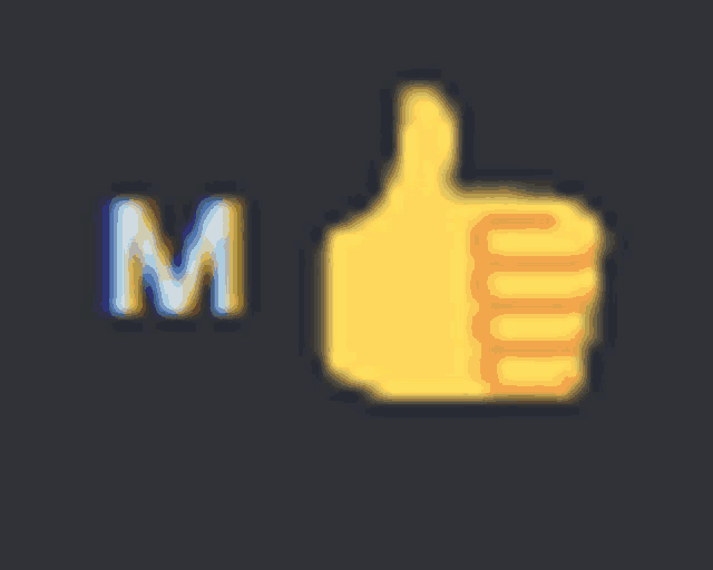 a yellow thumbs up icon with the letter m behind it