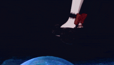 a cartoon character with a red bow on her leg is standing on a bubble
