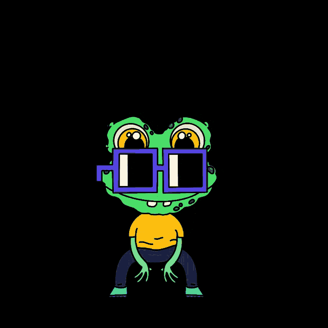 a frog wearing glasses and a yellow shirt is dancing