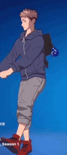 a man in a blue hoodie and grey pants stands on one leg