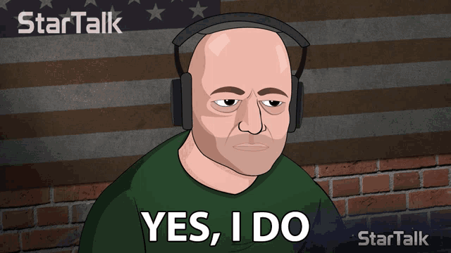 a man wearing headphones says yes i do in front of an american flag
