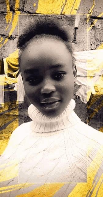 a black and white photo of a girl wearing a turtleneck sweater