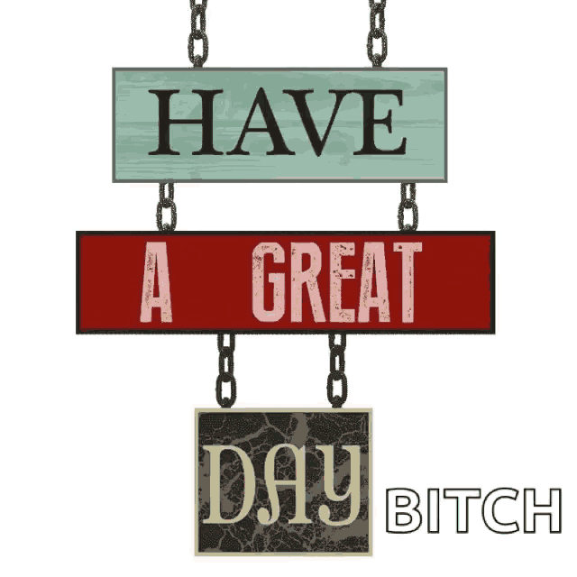 a sign that says " have a great day bitch " hangs from chains