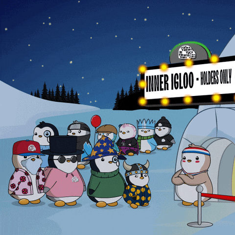 a group of penguins standing in front of an igloo that says inner igloo holders only