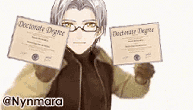 a man with glasses is holding up two degrees .