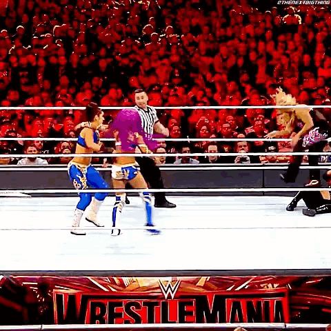 two women are wrestling in a wrestling ring while a referee looks on .