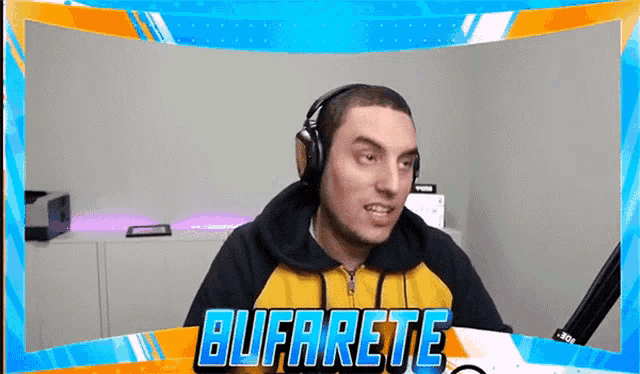 a man wearing headphones with the name bufarete on the bottom of the screen