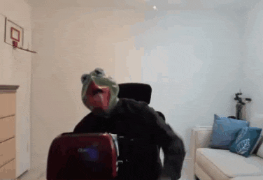a man wearing a frog mask is sitting in a chair in a living room