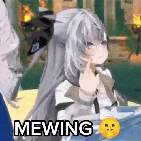 a 3d anime girl is giving the middle finger and the word mewing is above her