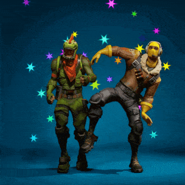 two video game characters are dancing in front of colorful stars on a blue background