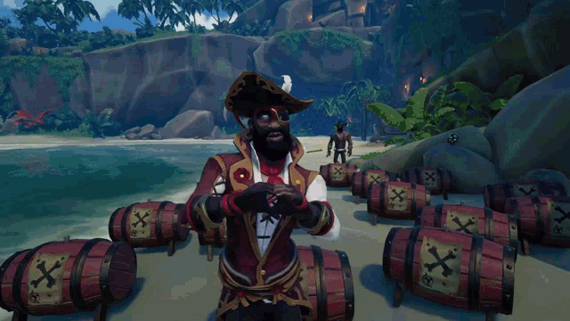 a man in a video game is surrounded by barrels with x 's on them