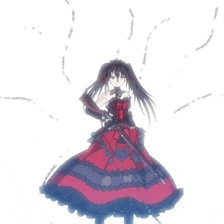 a girl in a red and black dress with a sword