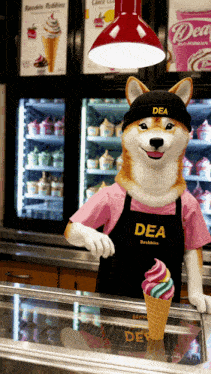a shiba inu mascot wearing an apron that says dea on it