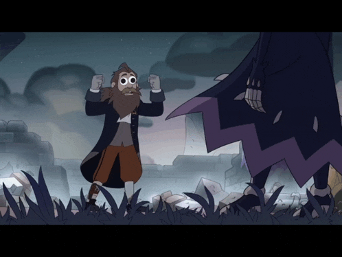 a cartoon of a man with a beard standing next to a purple monster