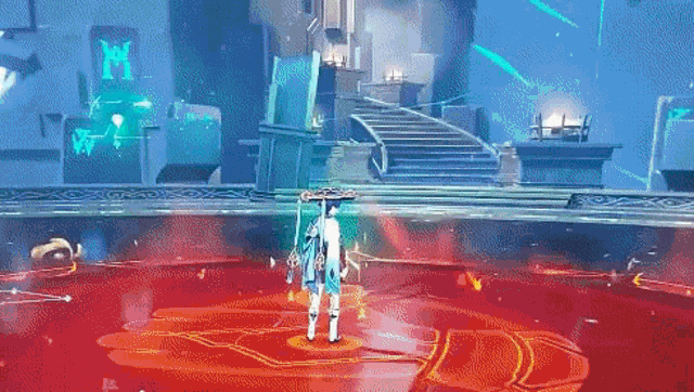 a video game character is standing in a red room with a sword .