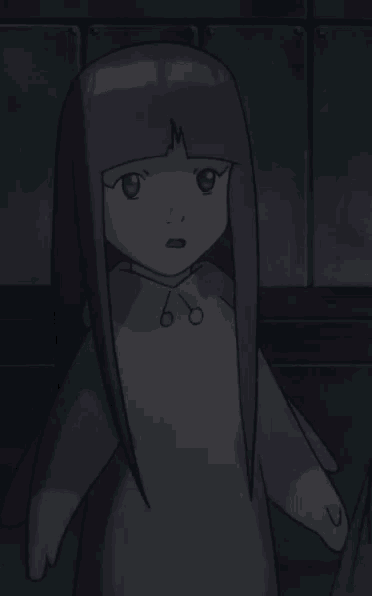 a cartoon girl with long purple hair and a pink shirt with scissors on it