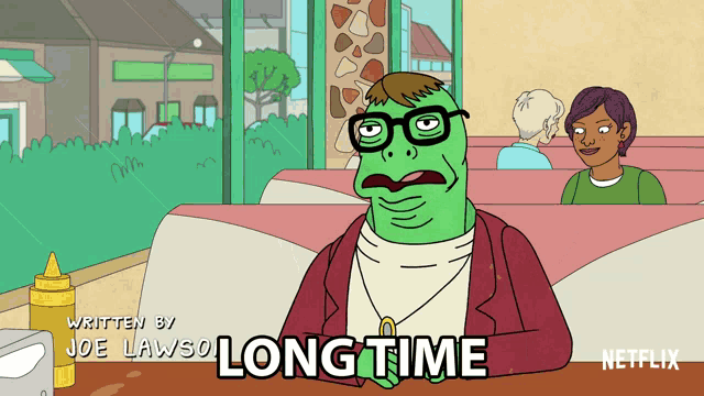 a cartoon of a man sitting at a table with a bottle of mustard and the words " long time " on the bottom